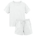 thumbnail image 4 of LIIPEE Girls Outfit Sets Casual Solid Color Loose Fit Short Sleeve Crew Neck Tee Tops Pockets Drawstring Shorts 2 Piece Set Kids Children Comfortable Breathable Cute Clothing,White,7-8 Years, 4 of 6