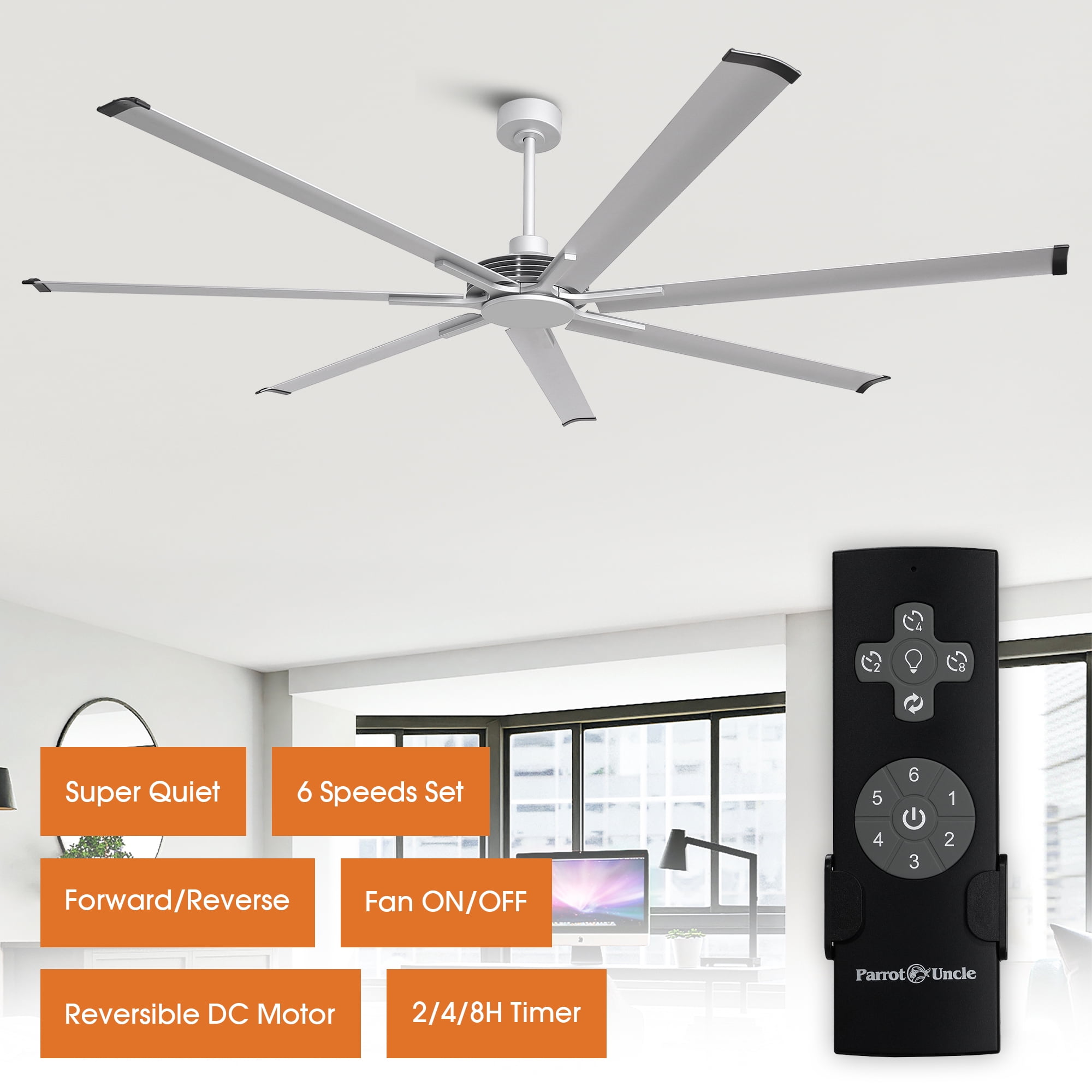 Parrot Uncle Industrial 84" Silver HVLS Ceiling Fan without Light, Large Ceiling Fan with Remote Control