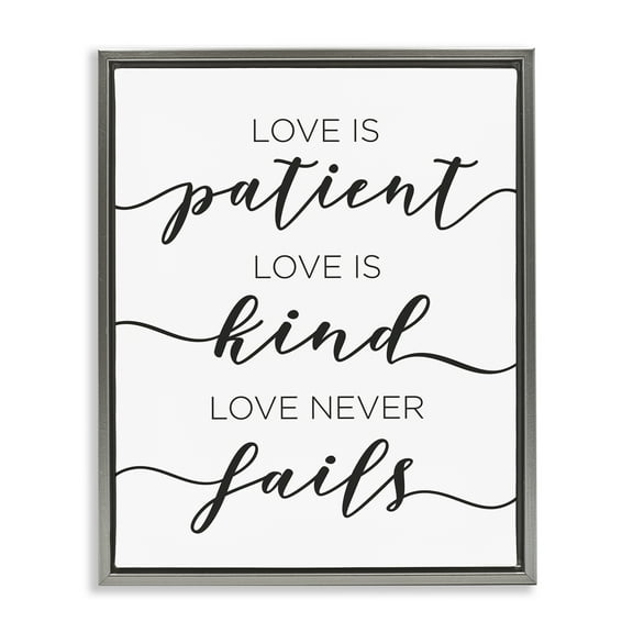Stupell Industries Love Never Fails Phrase Typography Painting Gray Floater Framed Art Print Wall Art, 25 x 31