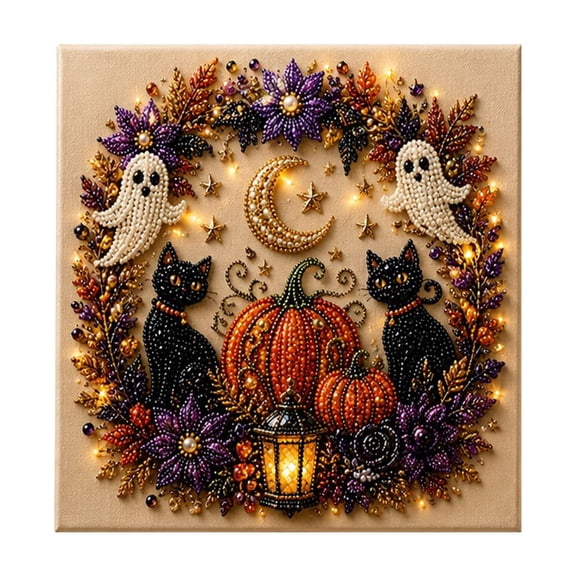 DIY Halloween Pearl Painting Kit with Frame, 7.87 in Ghost Pumpkin Design, Handmade Halloween Wall Decor