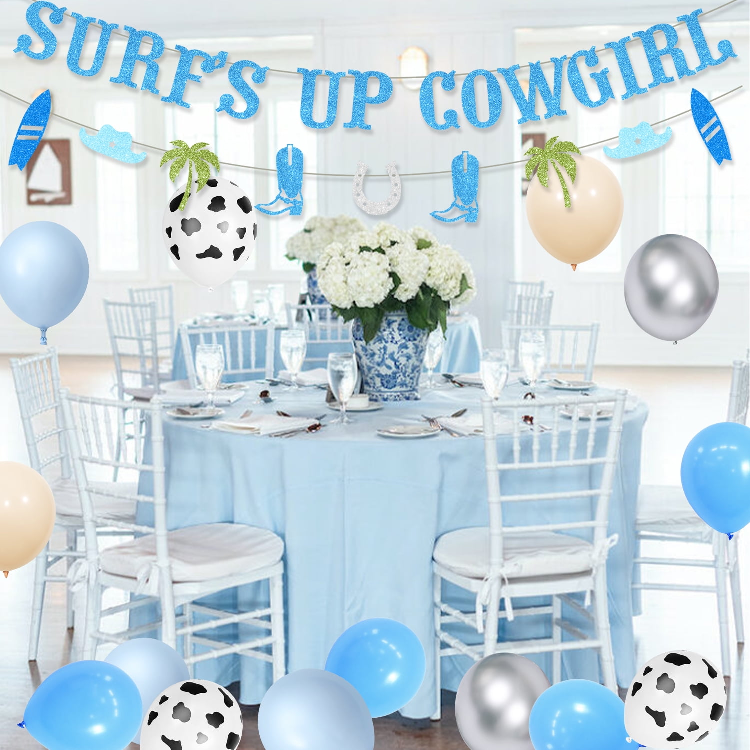 Bachelorette Party Decorations- Blue Silver Coastal Cowgirl Party Decorations, Surfs Up Cowgirl Banners, Coastal Cowgirl Foil Balloon Banner Blue Balloon Arch Kit for Bridal Shower Engagement Wedding