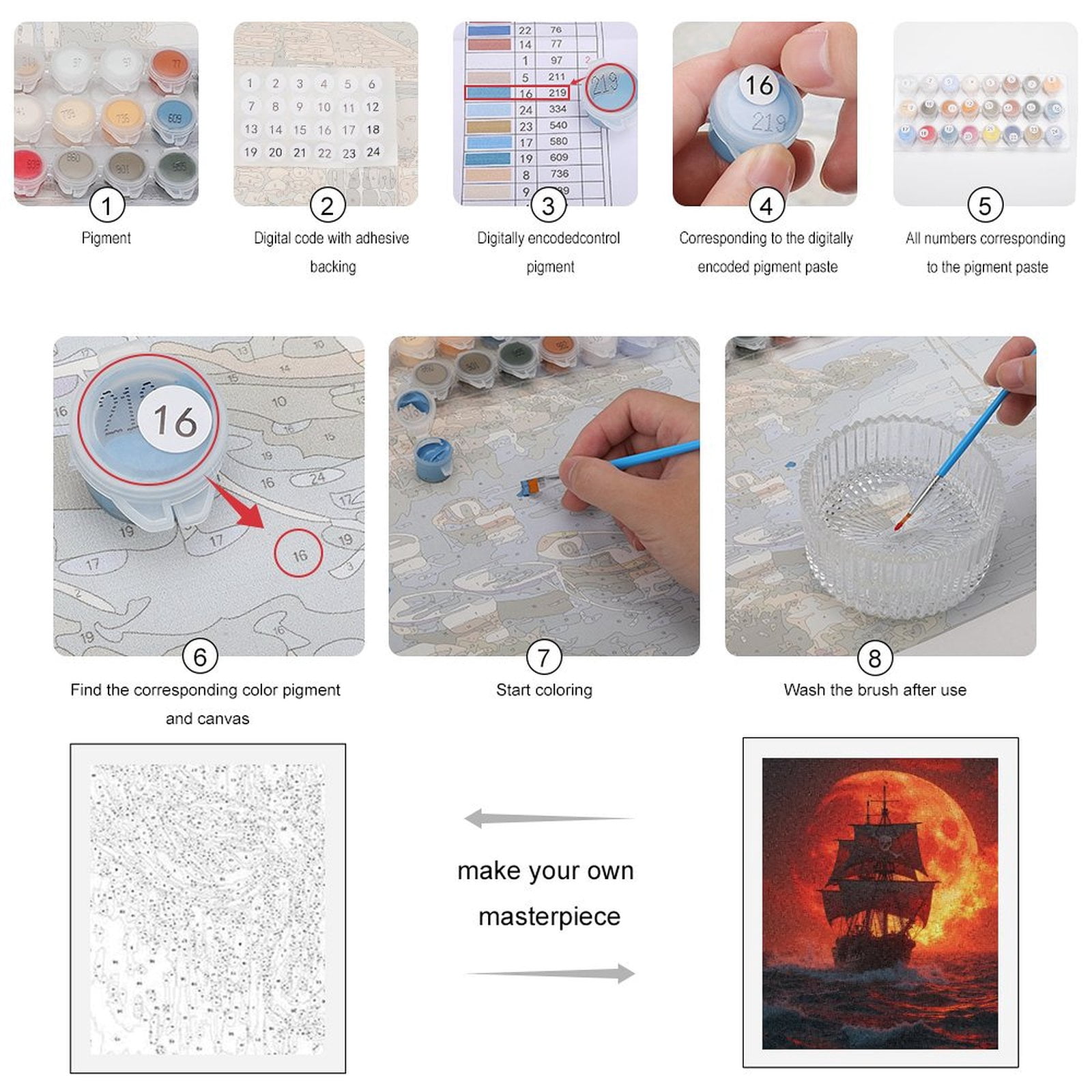 Paint by Numbers Kit for Adults, Pirate Ship Red Moon Ocean Adventure Paint by Numbers, Easy Paint by Numbers Kit for Adults Beginner, DIY Adult Paint by Number Kits on Canvas, Home Decor