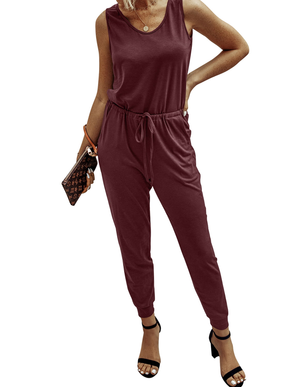2019 Newest Women Casual Loose Camisole Sleeveless Solid Spring Jumpsuits Red 