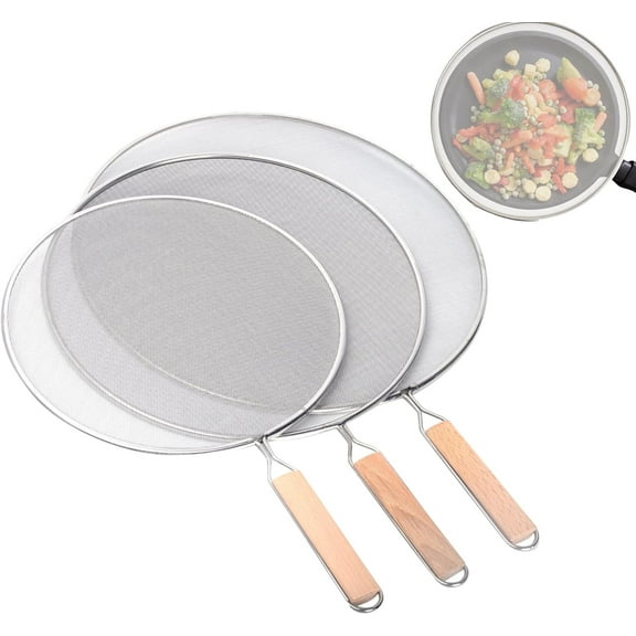 3 Pack Stainless Steel Mesh Splatter Screen for Frying Pan with Wood Handles, Frying Pan that Lets You Create Masterpieces with Ease ( 9.8, 11.5 and 13 inch)