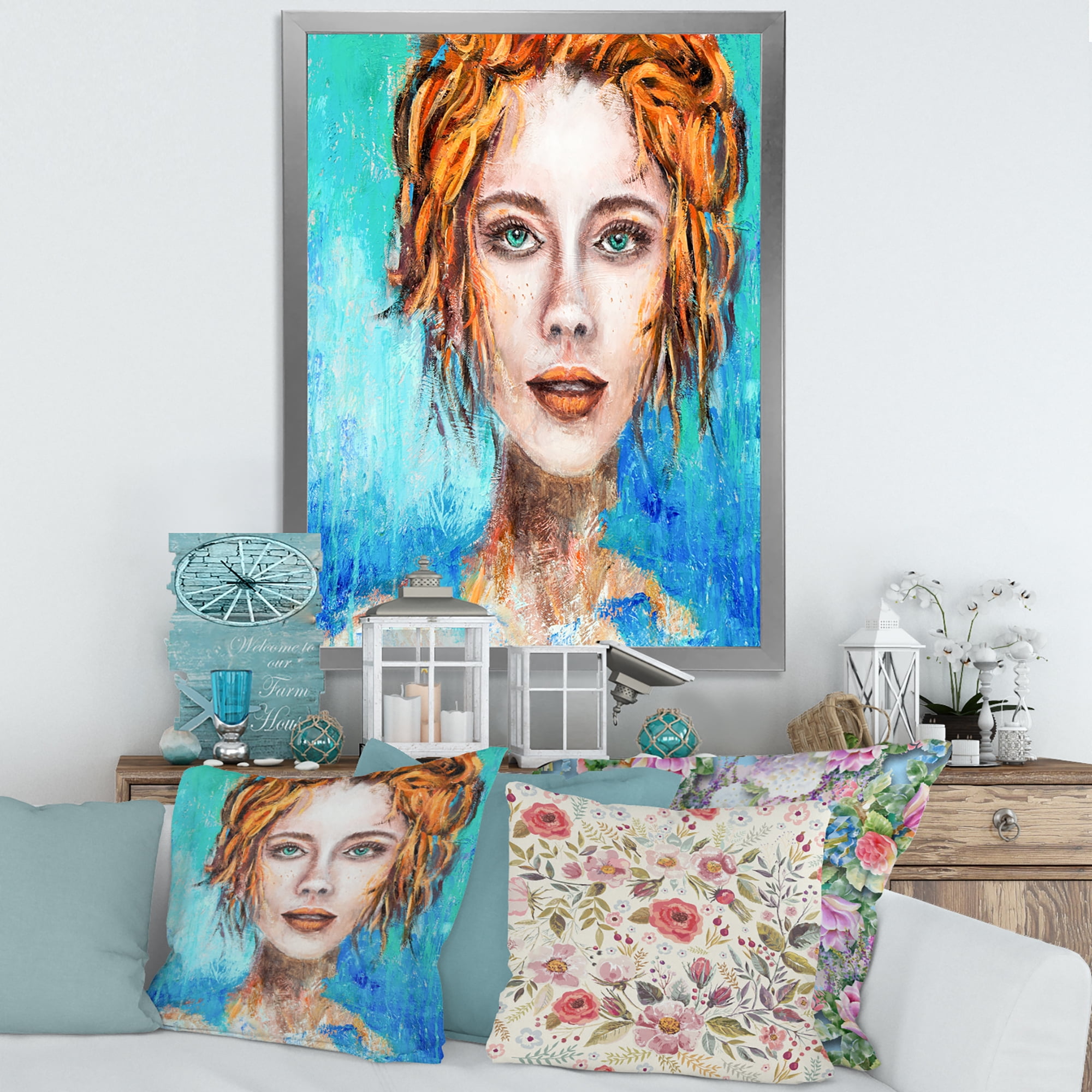 Designart 'A Woman Face With Red Hair And Green Eyes' Modern Framed Art Print