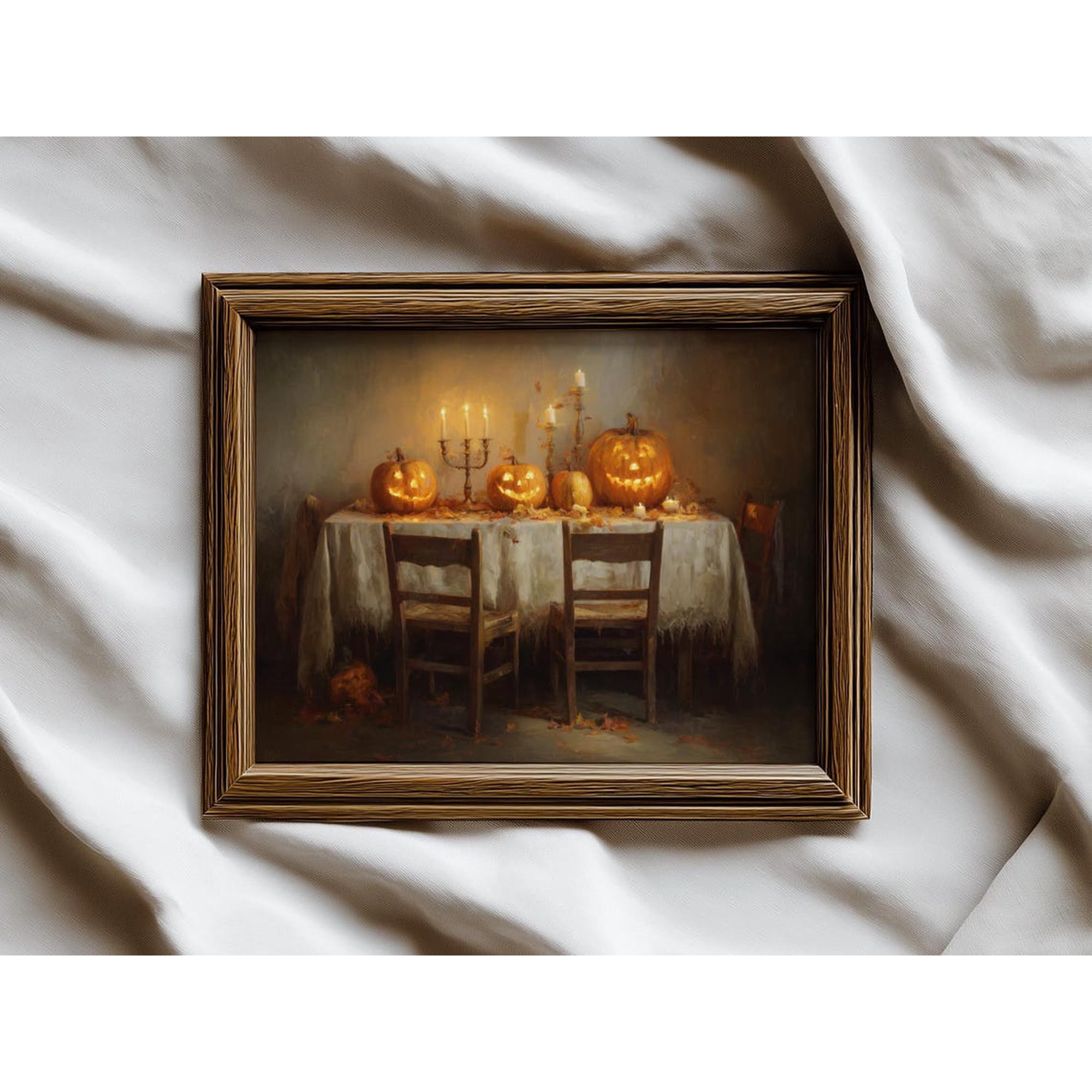 Rustic Halloween Dining Table Print Cozy Jacko Lantern Vintage Fall Decor Spooky Decor