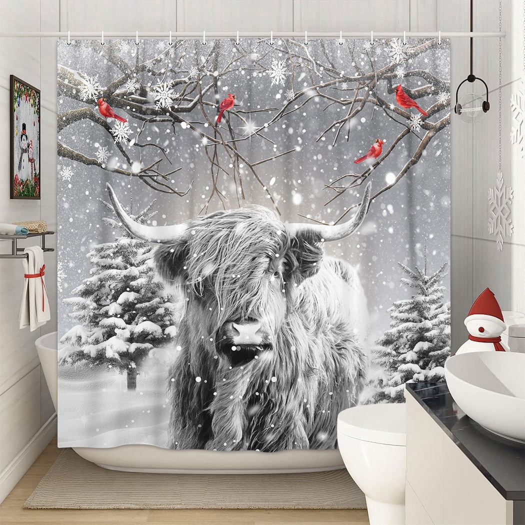 Winter Christmas Shower Curtain, Funny Highland Cow Snowflake Scene Shower Curtains for Bathroom, Cardinals Bird Pine Tree Covered Snow Fabric Bath Curtains Set with Hooks, 69x70 Inches