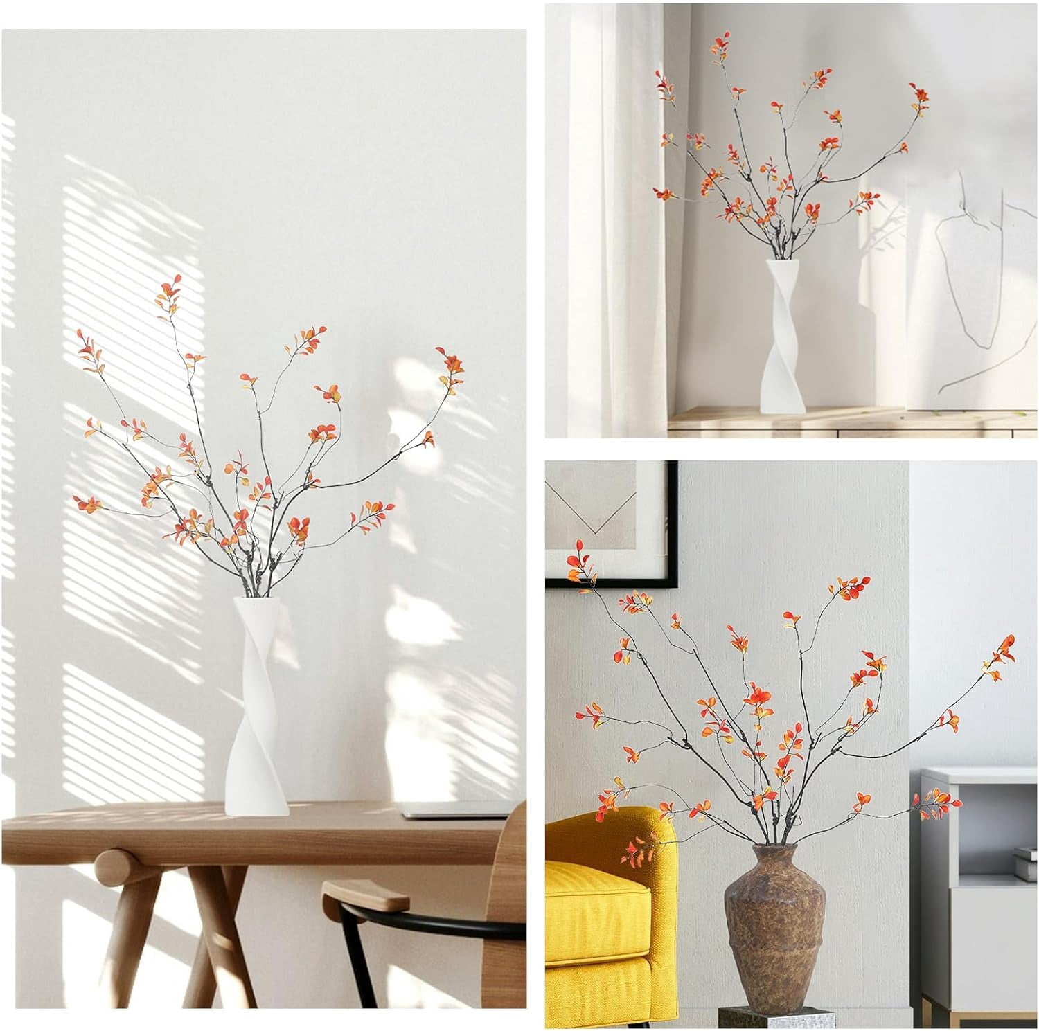 Trianu 4Pcs Fall Artificial Ficus Branches 35inch Artificial Fall Stems Faux Ficus Twig Plants Fake Leaf Fall Eucalyptus Branches for Vase Filler Office Table Wedding Home Decor