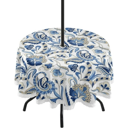 

Hyjoy 60 Paisley Flower Outdoor Round Tablecloth Waterproof Spillproof Polyester Fabric Table Cover with Zipper Umbrella Hole for Patio Garden Dining Party