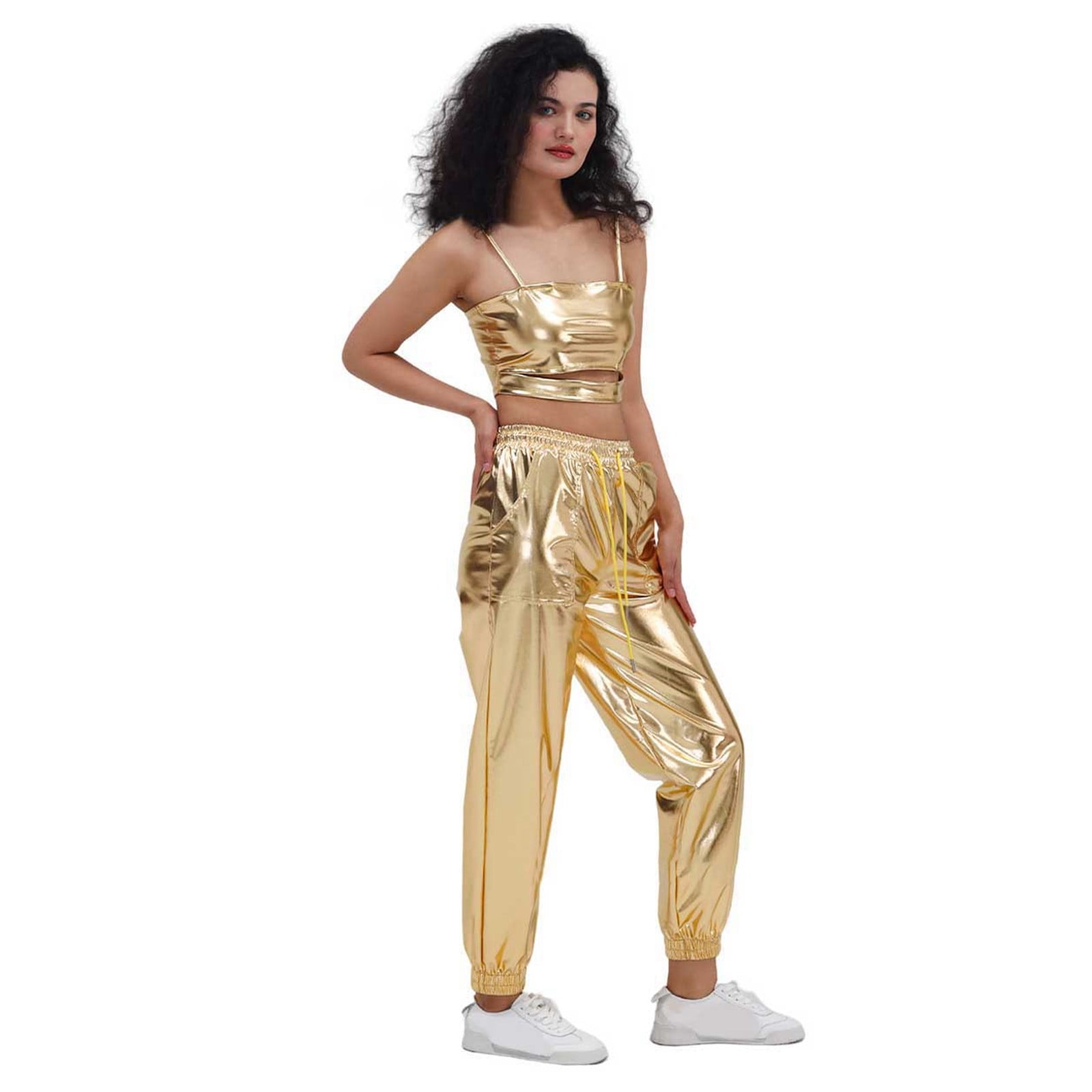 Wovix Womens Shiny Metallic High Waist Stretchy Jogger Pants Wet Look Hop Club Wear Holographic Trousers Casual Sweatpant Trendy Streetwear Party Show
