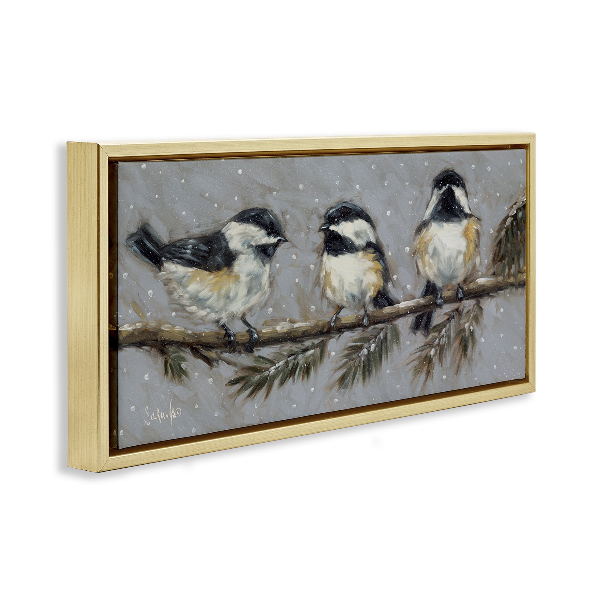 Stupell Industries Winter Bird Trio Animals & Insects Painting Gold Floater Framed Canvas Art Print Wall Art, 31 x 14