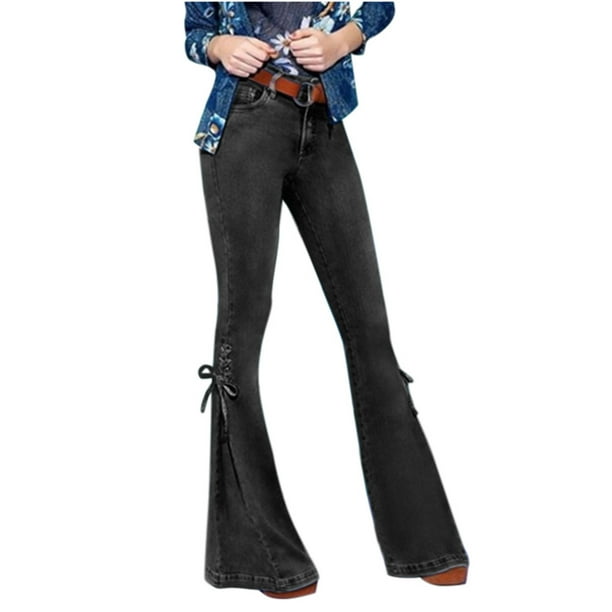 Lace-up Bell Bottom Pants Jeans for Women Mid Waisted Wide Leg