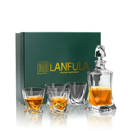 

Crystal Whiskey Decanter Set with 4 Twisted Liquor Glasses Christmas Gift