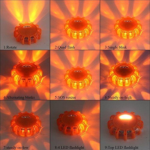LED Roadside Emergency Flare Lights 4pc Blue - Portable Magnetic Safety Disc Beacon Flashing Kit for Cars Trucks Boats - 9 Flash Modes w/ Hook - Perfect for Roadside Warning