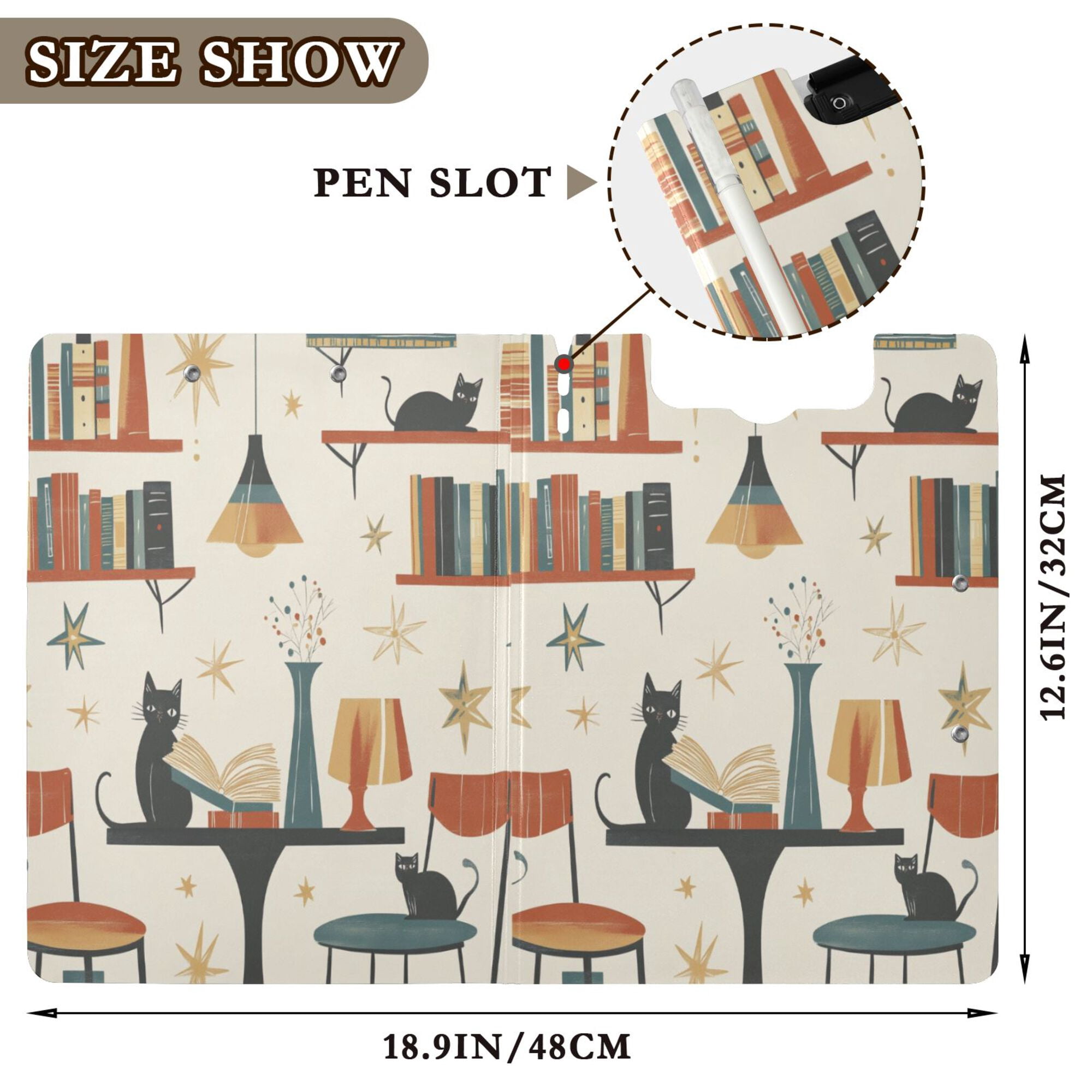 FORMRS A4 Clipboard Folder with Pen Holder Horizontal Foldable School Office Binder, Cats Reading Pattern