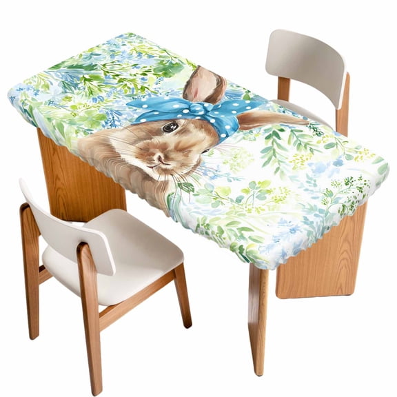 Easter Bunny Table Cloths for 6 Foot Rectangle Tables, Spring Green Leaves Scarf Rabbit Botanical Patio Waterproof Elastic Fitted Tablecloths, Washable Rectangular Table Cover for Camping