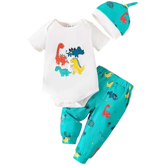 Staki Newborn Boy Rompers Breathable Newborn Baby Boy Clothes Summer Outfit Letter Print Short Sleeve Romper and Pants Hat 3Pcs Sets 0-18M(Mint Green,6-9 Months)