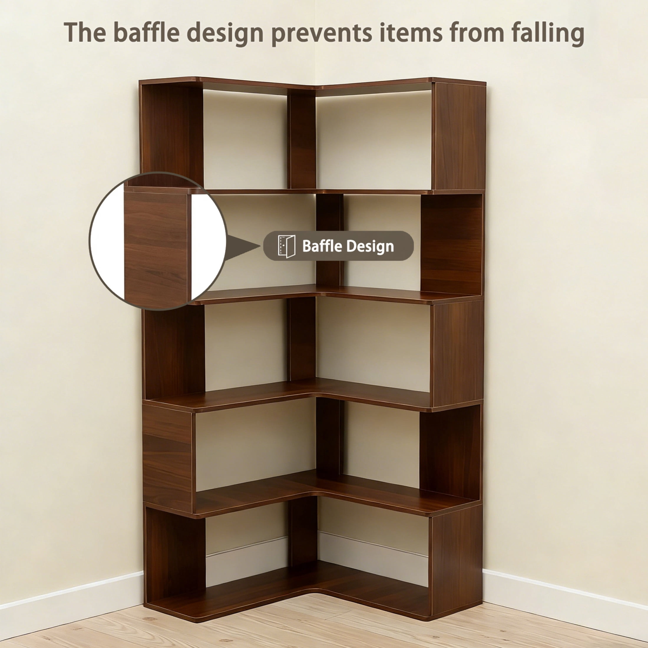 Noble House 6-Tier Tall Corner Bookshelf, L-Shaped Wooden Bookcase with Baffle and Safety Design, Home Office, Walnut