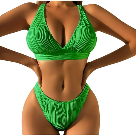 Tumotour Two Piece Swimsuit For Women Halter Padded Top V Neck Knot Front Push Up High Leg Thong Two Piece Swimsuit Casual Solid Color Deep Strap Briefs Two-Piece Swimsuit Bikini