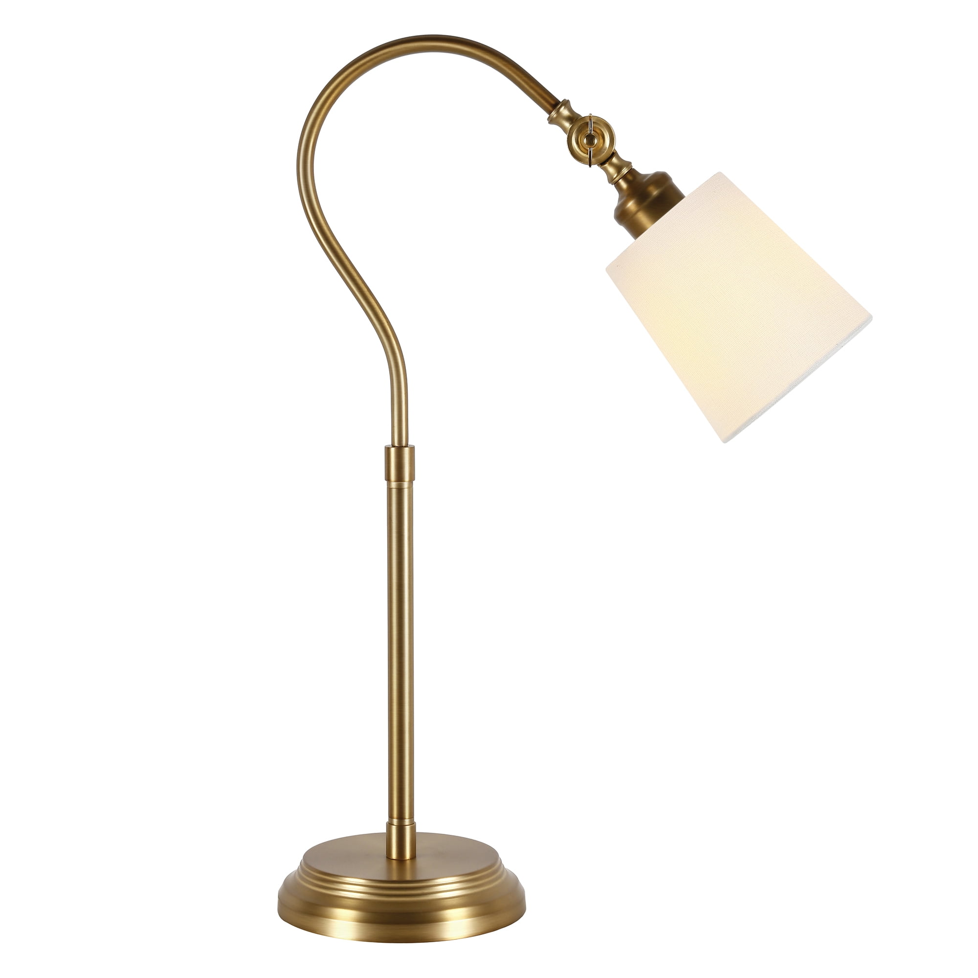 Evelyn&Zoe Harland 25" Tall Arc Table Lamp with Fabric Shade, Brushed Brass/White