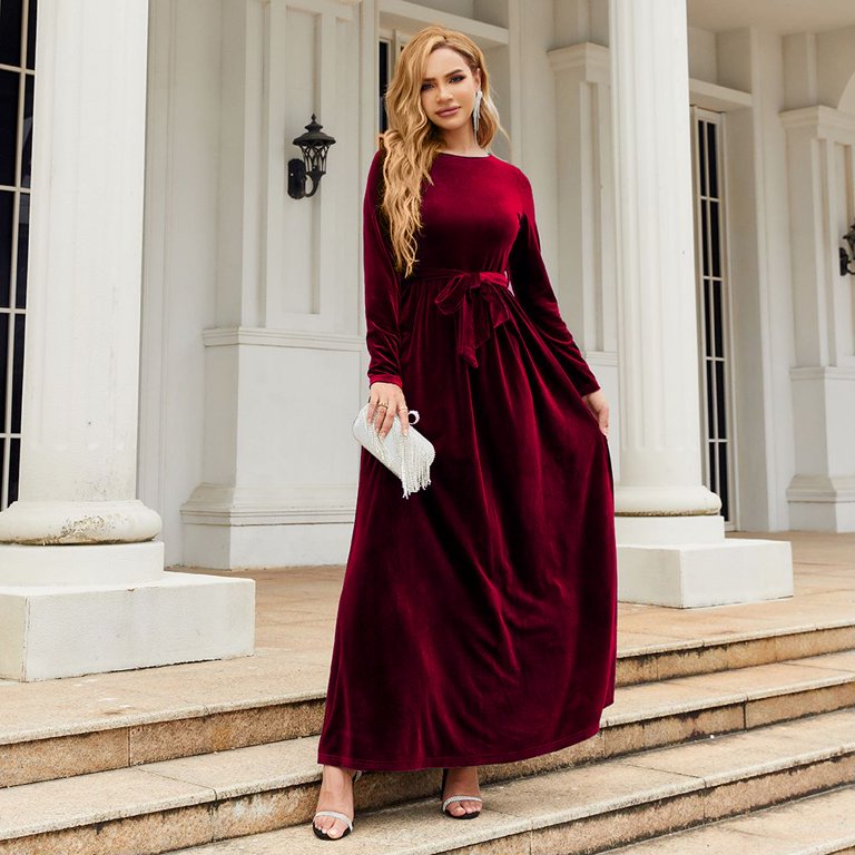 wine velvet long sleeve dress Women Elegant Retro Short Loose V-Neck Long Sleeve Velvet Solid Color Dress Fall Winter Fashion Clothing Navy Blue XL