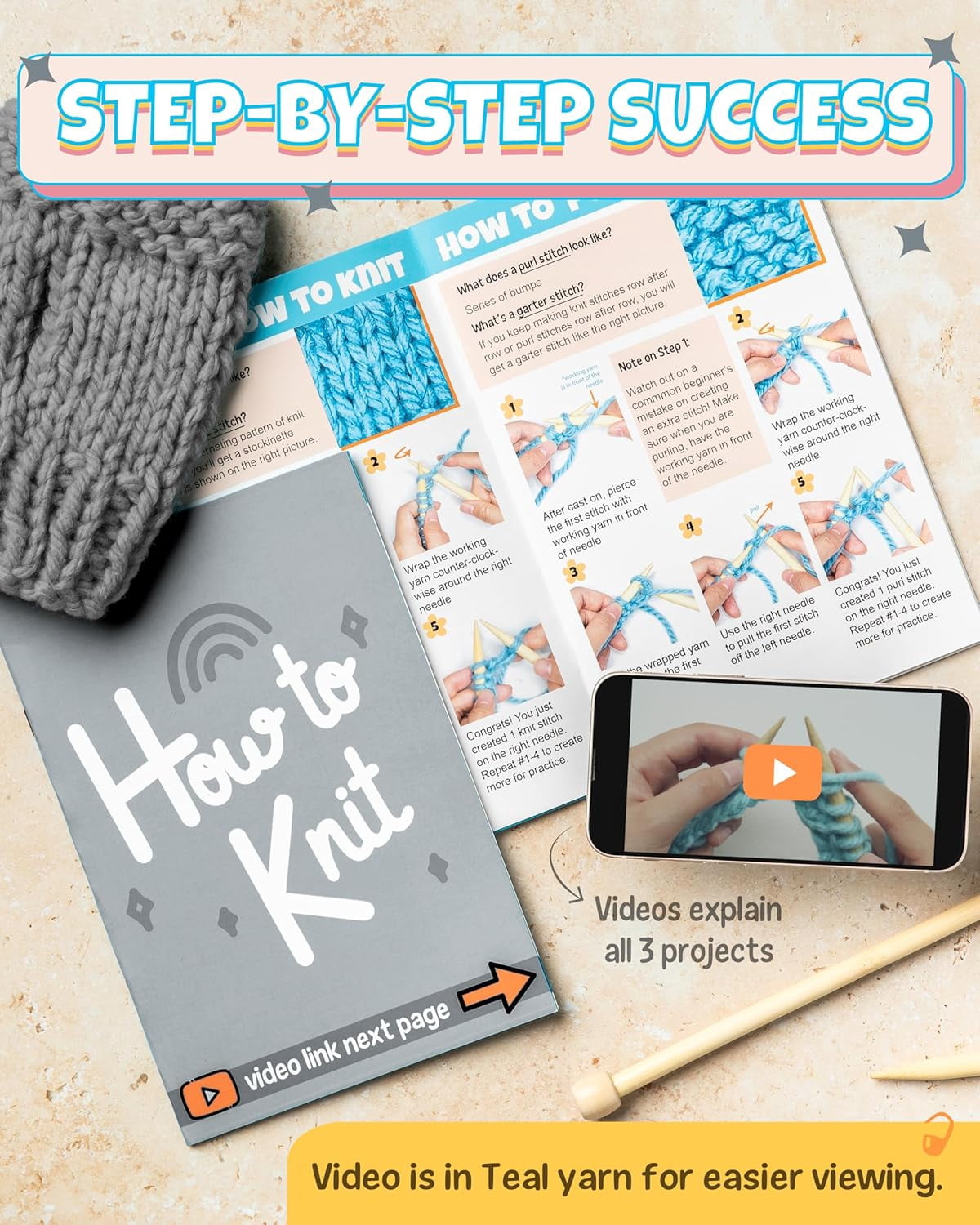 Complete Knitting Kit for Beginners - Includes Thick Yarn, Bamboo Needles, Video Tutorials & Guide to Learn How to Knit