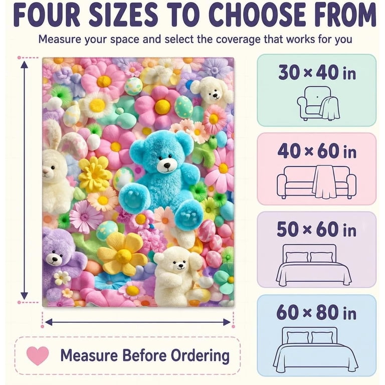 Teddy Pastel Floral Print Blanket 3D Bear Design Fluffy Colorful Throw ...