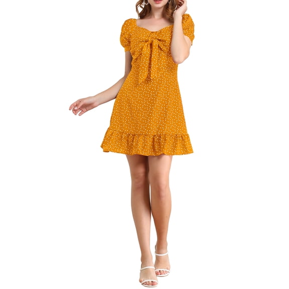 MODA NOVA Junior's Sweetheart Neck Bow Tie Front Ruffle Hem Mini a Line Dress