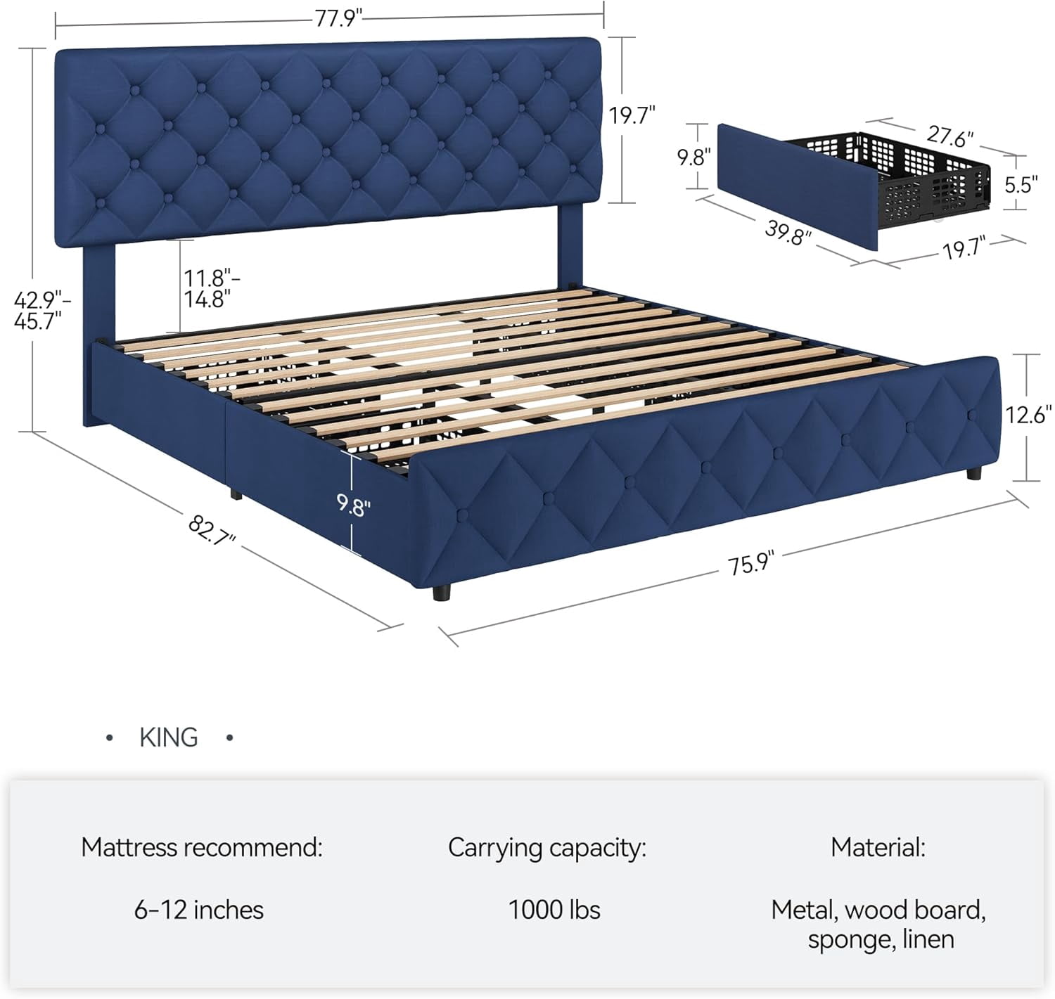 Eastvita King Size Bed Frame with 4 Storage Drawers & Adjustable Headboard, Blue