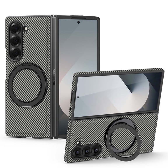 Case for Samsung Galaxy Z Fold 7, Carbon Fiber Texture, 360 Degree Rotating Ring Bracket, Compatible with MagSafe Wireless Chargers, PC Material Drop Protective Phone Cover for Z Fold 7, Gray