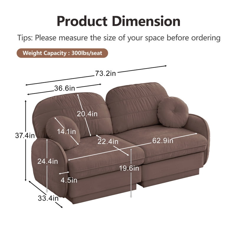 Chenille Modular Sofa, 2-Seater Deep Seat Cloud Couch, Upholstered Sofa with Round Pillows, Quilted Back Cushions & Recessed Base, Modern Sofa for Living Room, Apartment,Rose Dust