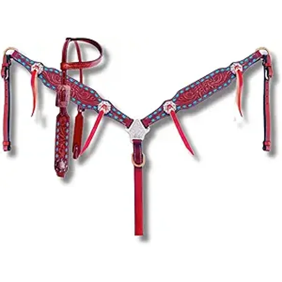 Western Premium Leather Equestrian Headstall, Breast Collar, Reins & Wither Straps - Hand-Carved Tooled Beaded Design