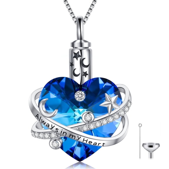 WINNICACA Cremation Jewelry Moon and Stars Urn Necklace Sterling Silver Heart Blue Crystal Pendant Keepsake Memorial Birthday Anniversary Mothers Valentines Day Gifts for Women