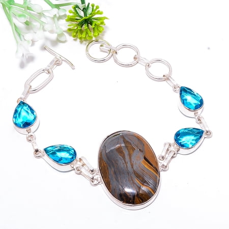 Iron Tiger Eye - South Africa, Blue Topaz 925 Sterling Silver Bracelet 7.99" B37