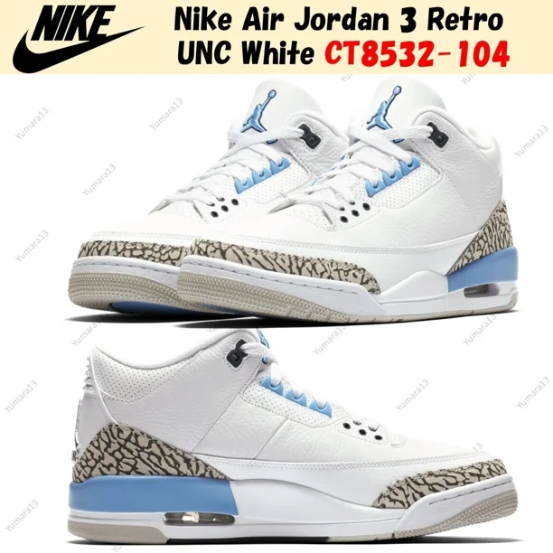 N I-K-E A i r-Jor-dan 3 Retro UNC White CT8532-104 Men's Size