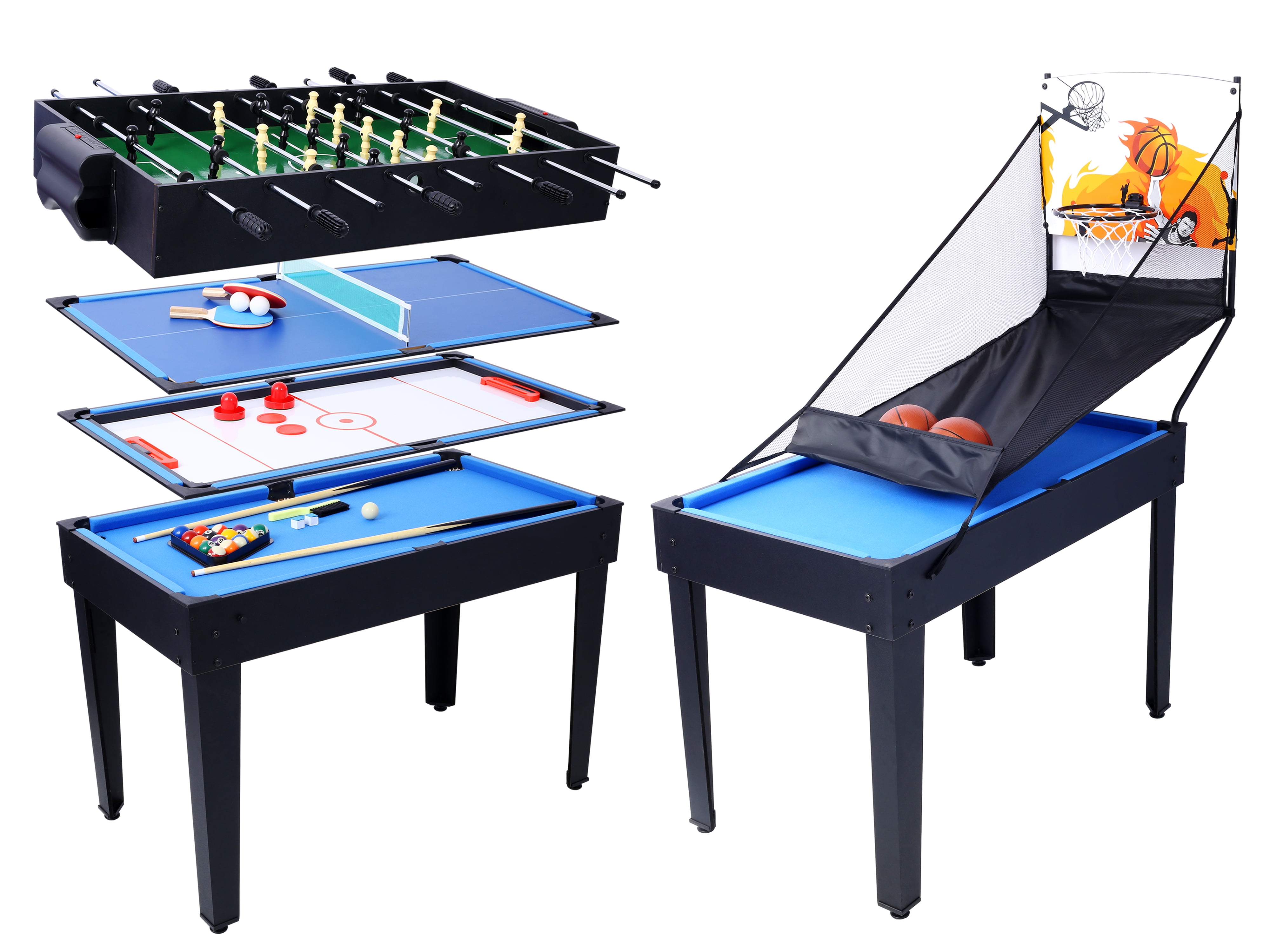 , 5-in-1 Multi-Game Table - Billiards, Push Hockey, Foosball, Ping Pong, and Basketball black/blue, Black ,Mdf+Steel ,