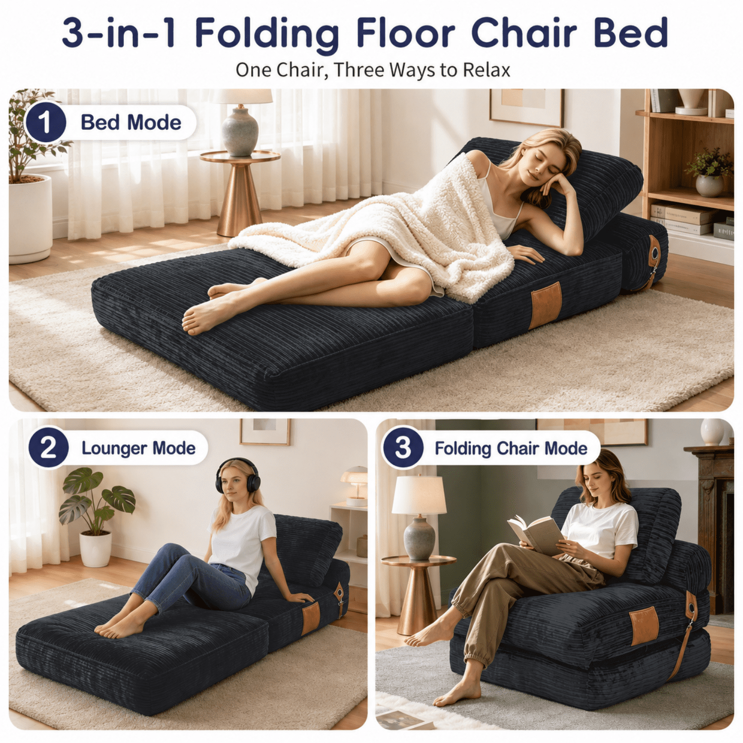 Miniyam Folding Floor Chair Bed, 3-in-1 Convertible Floor Sofa Bed with Flannelette Upholstery and Side Pockets, Gray