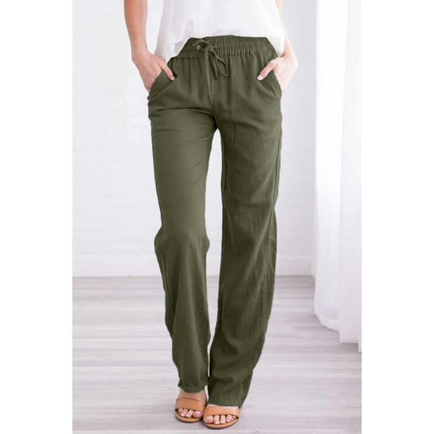 Women's Green Drawstring Elastic Waist Pockets Long Straight Legs Pants 