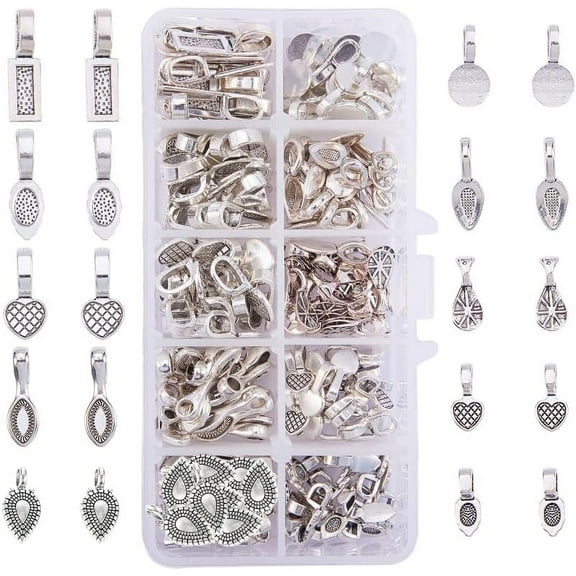 200pcs 10 Style Tibetan Silver Glue-on Flat Pad Bails Metal Alloy Necklace Clasp Pendant Connectors for Earring Necklace Jewelry Making