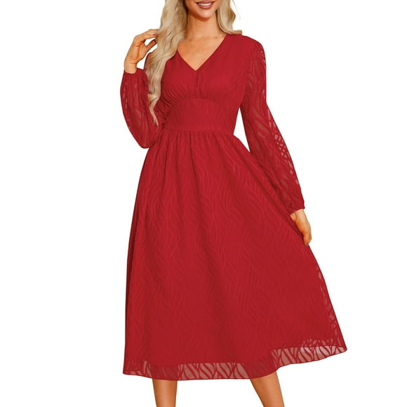 TSADFHJI Knit Skirt and Sweater Set Women's Vintage V Neck Fancy Jacquard Dress with Long Sleeves and Big Swing Dress M Red