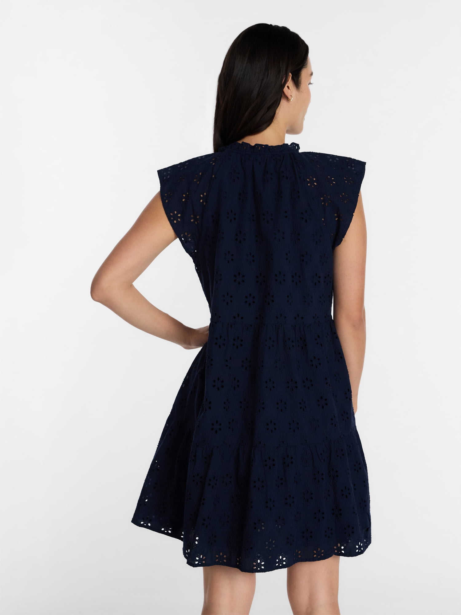 Time and Tru Women's Eyelet Embroidery Cotton Mini Dress with Flutter Sleeves, Sizes XS-XXXL