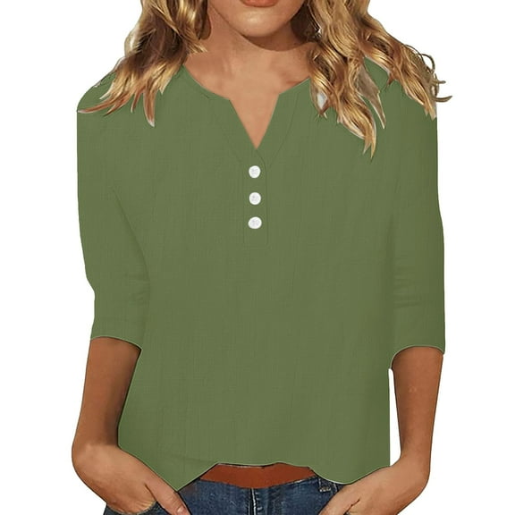 TODOZO Summer Tops for Women 2025 Button Down Shirts 3/4 Sleeve Henley Vneck Trendy Tops Spring Dressy Casual Shirt Clothes Summer Tops for Women 2025 Women Blouses Army Green L