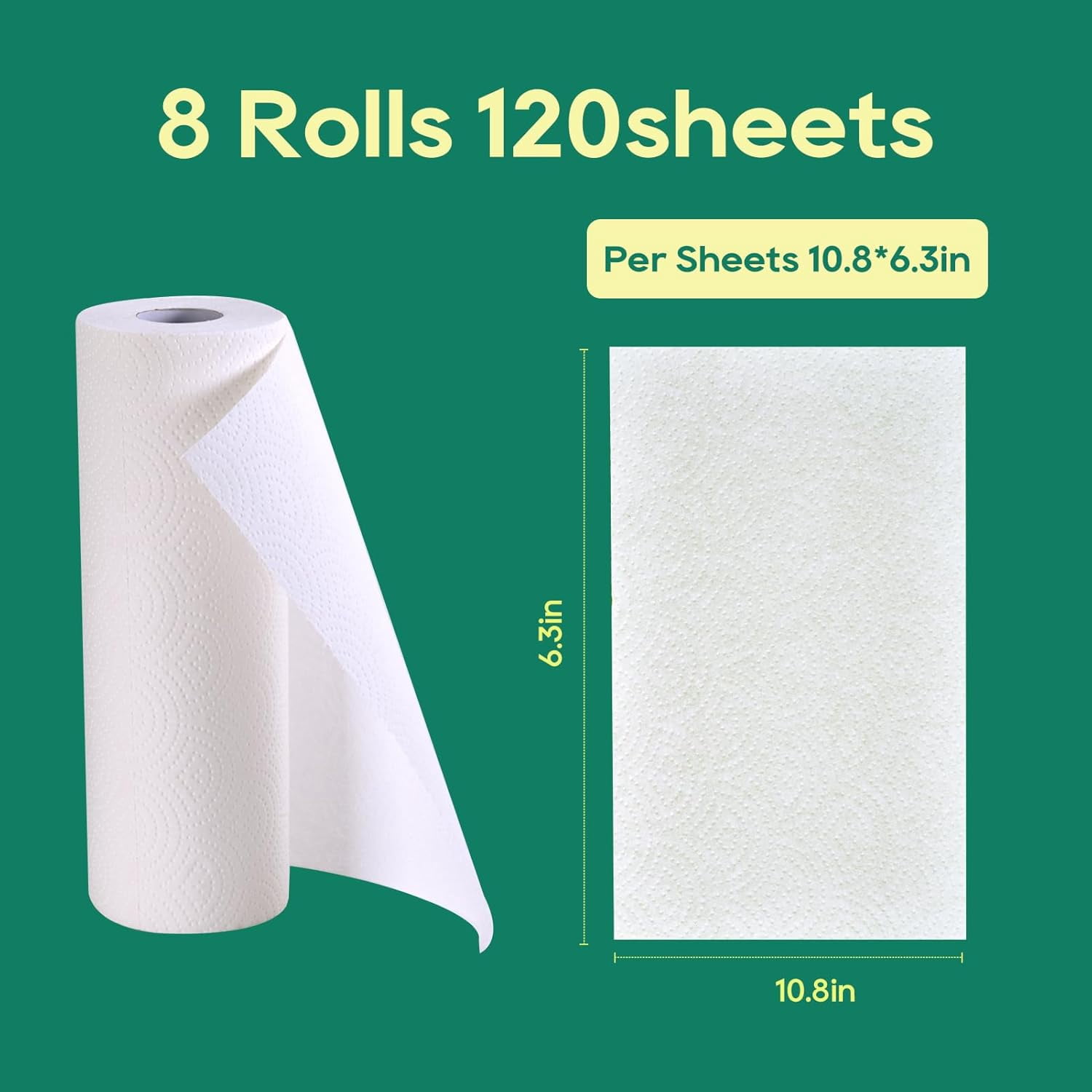Bamboo Paper Towels - 8 Rolls, 2 Ply 120 Sheets- Plastic Free, Tree Compostable, Disposable Kitchen Towels, Soft and Absorbent, PFAS White