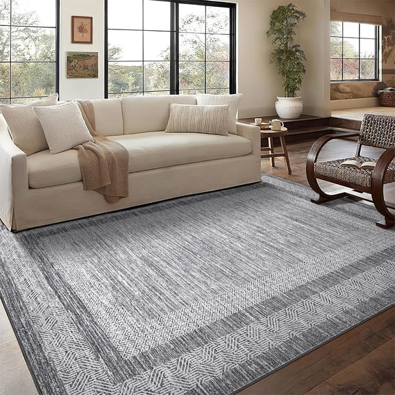 8x10 Modern Rug Thin Washable Non-Slip Geometric Border Low Pile Foldable Soft Non-Shedding Indoor Accent Carpet Gray