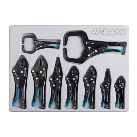CHANNELLOCK Locking Pliers Set with Tray, Includes 3 Curved Jaw, 2 Combination Long Nose, 2 C-Clamp, and 2 Straight Jaw, 9 pieces (PC-L1)