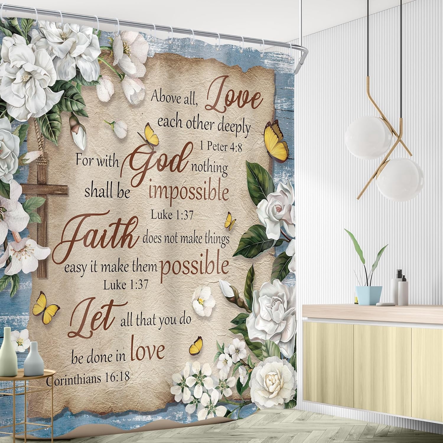 Bible Verse Floral Shower Curtain Christian Scriptures White Flower Inspirational Quote Rustic Plant Artwork Cloth Fabric Waterproof Polyester Bathroom Decor Set with Hooks-72"W x 78"L (Pack of 1)