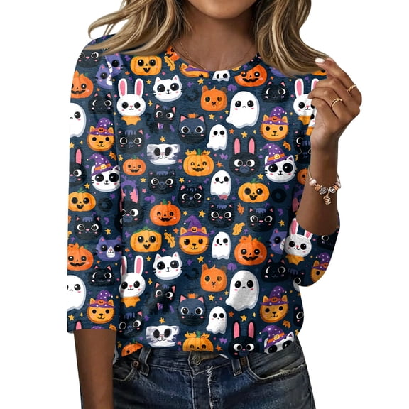 Halloween Shirts Women Plus Size Funny 3/4 Sleeve Pullover Spooky Halloween Ghost Pumpkin Printed T Shirts Horror Crew Neck Tops Three Quarter Length Blouse,3XL