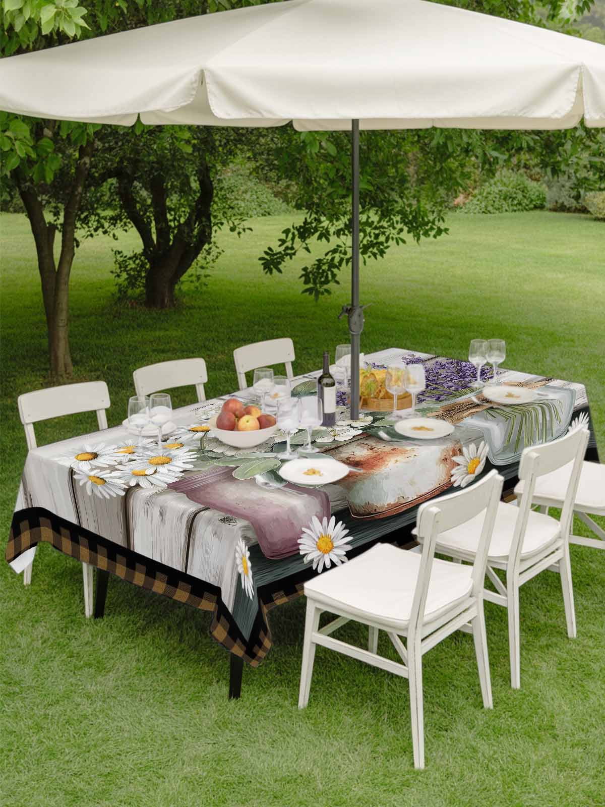 Spring Floral Outdoor Tablecloth - 60x84 Inch Rectangle Dining Table Cover, Pastoral Bottle Flowers Wood Brown Plaid Waterproof Outdoor Table Cloth with Umbrella Hole & Zipper for Picnic/Patio/Party