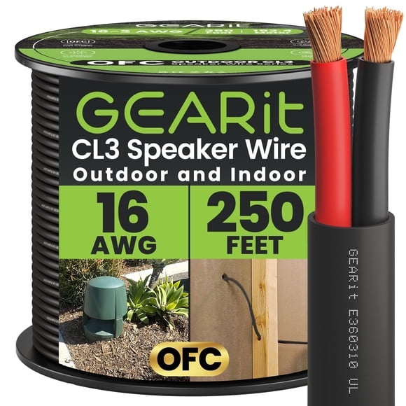 GEARit Outdoor Speaker Wire CL3 Rated, 16 Gauge Speaker Wire, Speaker Cable 250 ft for Outdoor Speakers, Patio, Garden, Backyard Audio, Direct Burial