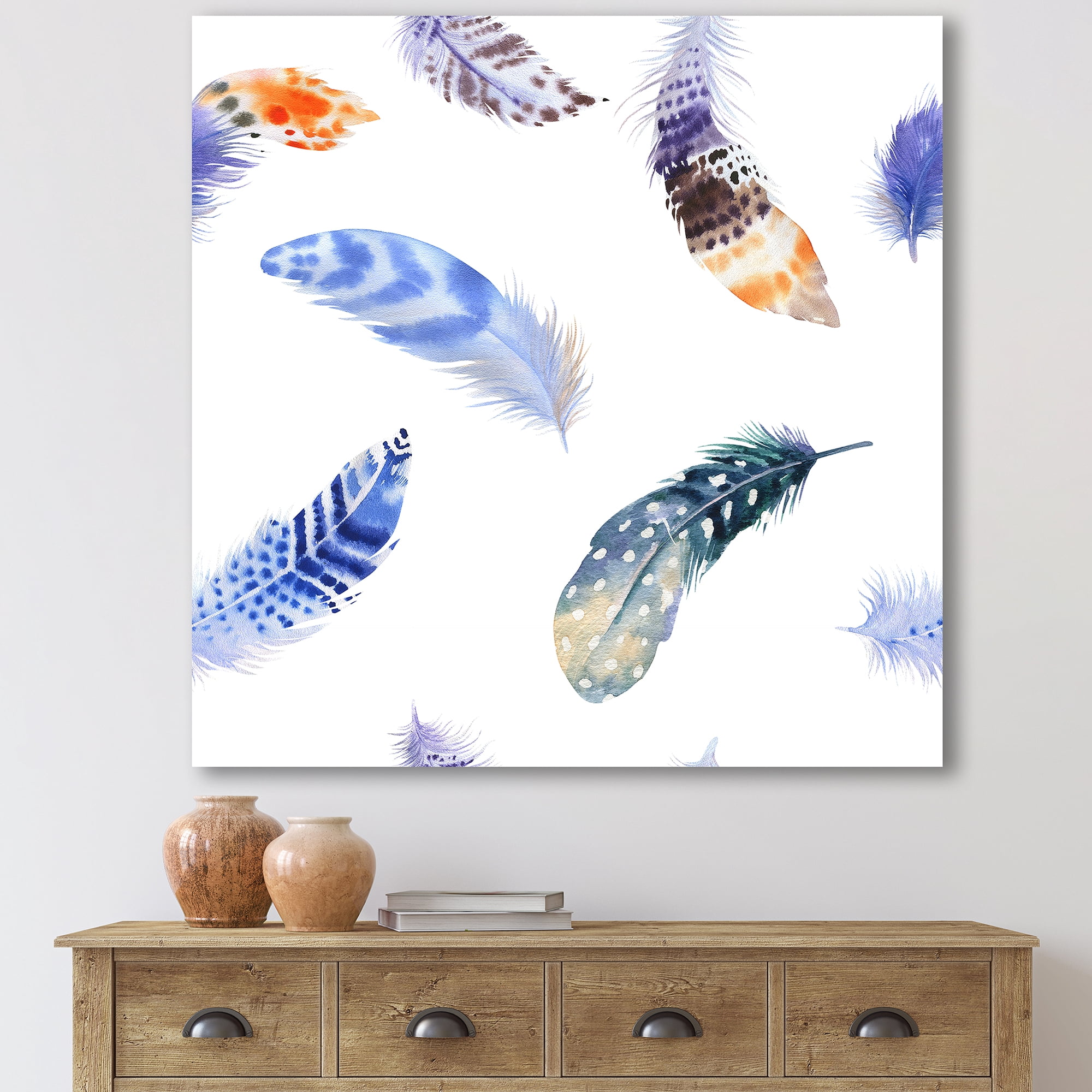 Designart ' Colourful Boho Feather Set On White VII ' Bohemian & Eclectic Canvas Wall Art Print